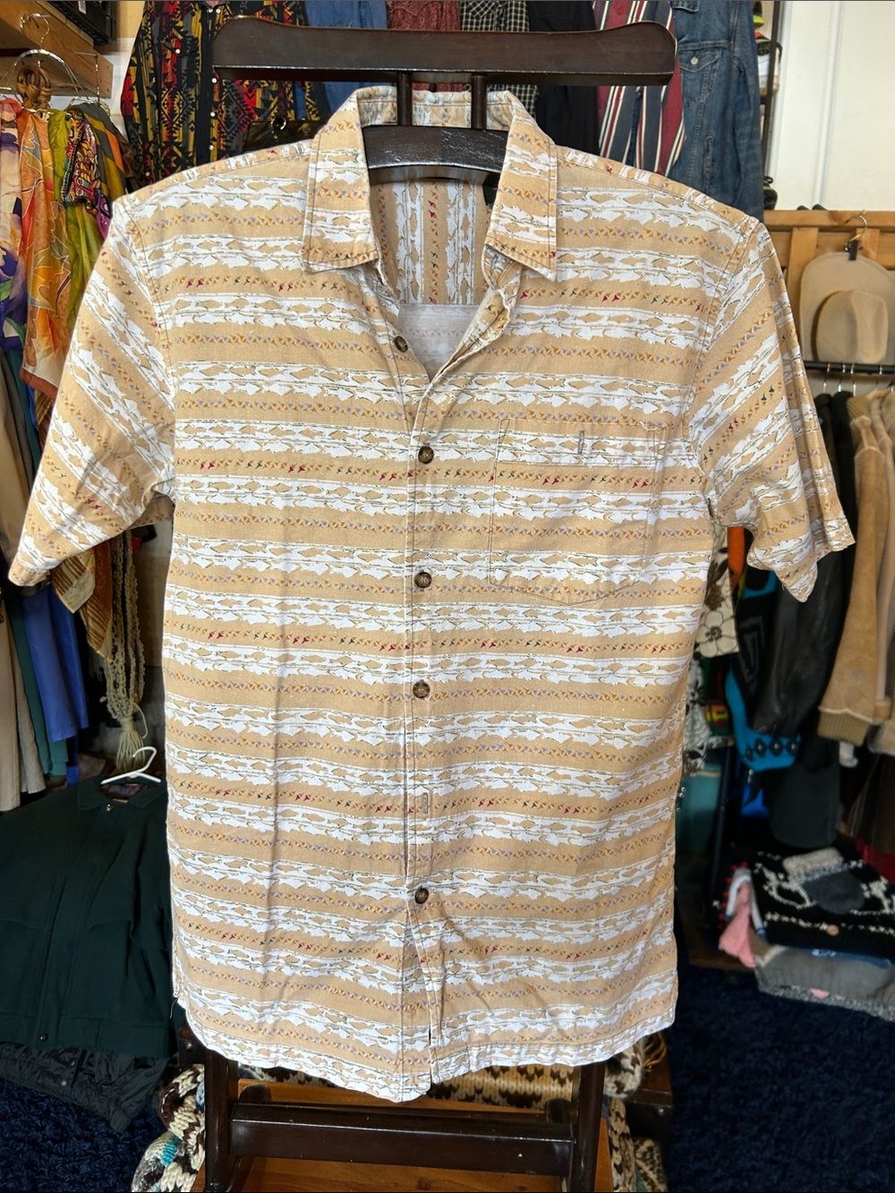 Vintage Men's Casual Short-Sleeve Button-Up Shirt - Beige Stripe